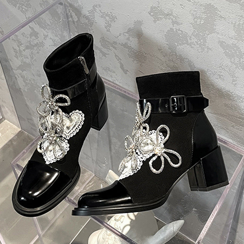 Botas cortas de tacón grueso con flor y lazo de diamantes de imitación