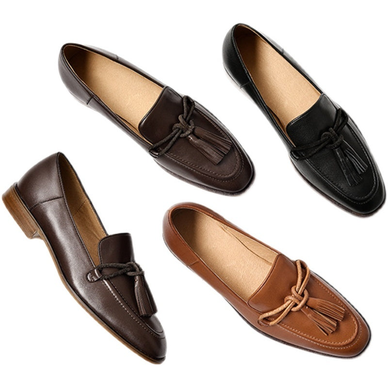 Leather Shallow Flat-bottomed British Heel Shoes