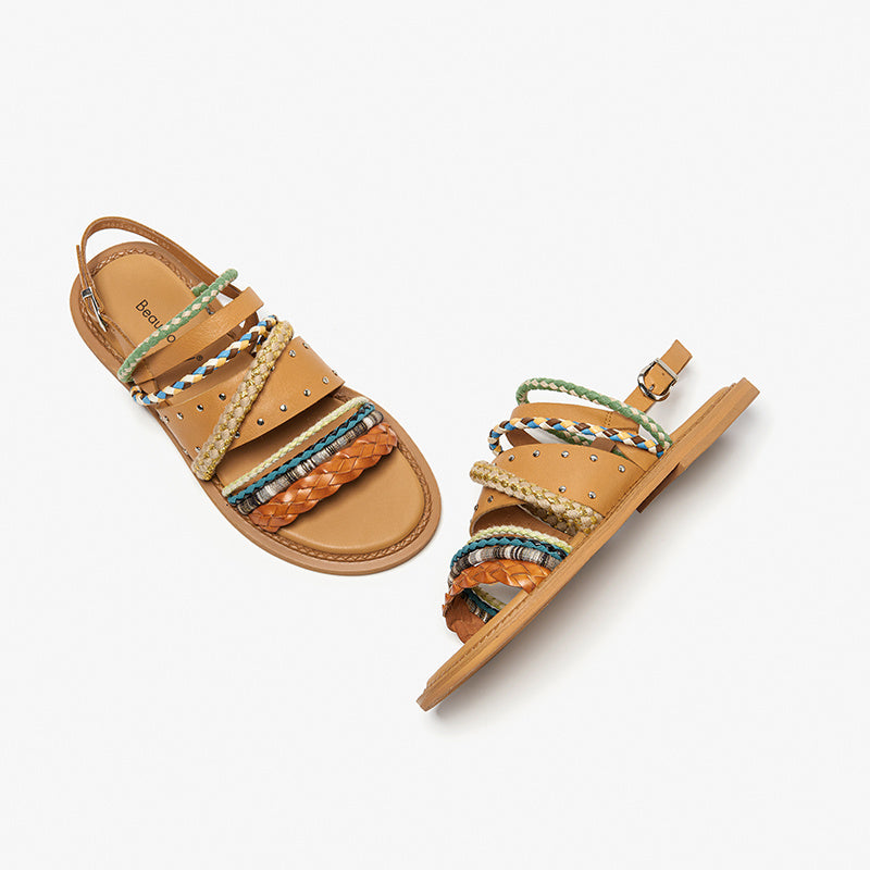 Women's Summer Flat Roman Woven Leather Niche Sandals