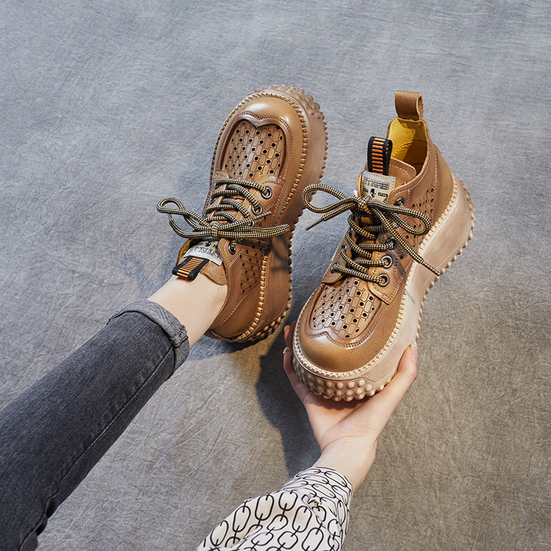 Sandalias huecas con cordones de cuña plataforma cabeza redonda zapatos de tacón informales de cuero genuino para mujer zapatos de mujer