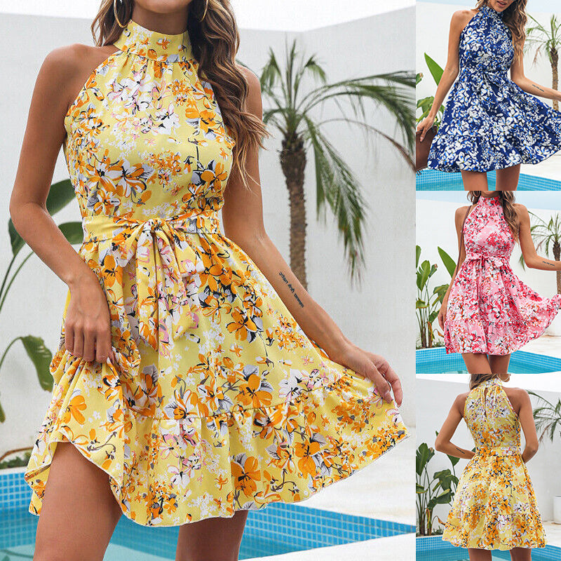 Robe dos nu à imprimé floral pour femmes, tenue d'été à la mode, à lacets, à volants, nouvelle collection