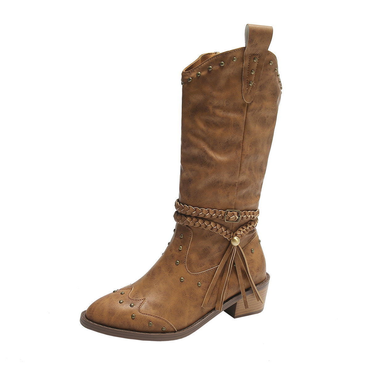 Botas retro con borlas y diseño de hebilla de correa de cuerda trenzada, calzado de invierno, nuevas botas de caballero estilo western de media pantorrilla para mujer