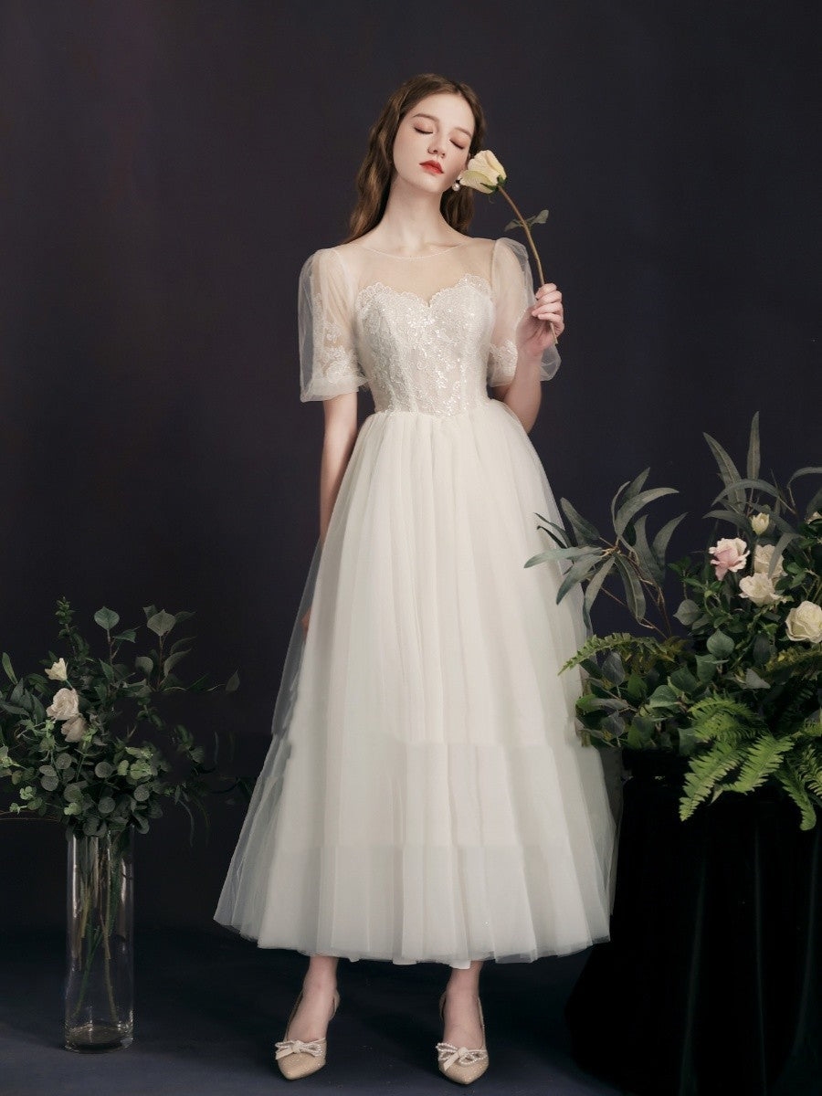 Lantern Bubble Sleeve White Yarn Skirt Mid-length Bridal Gown