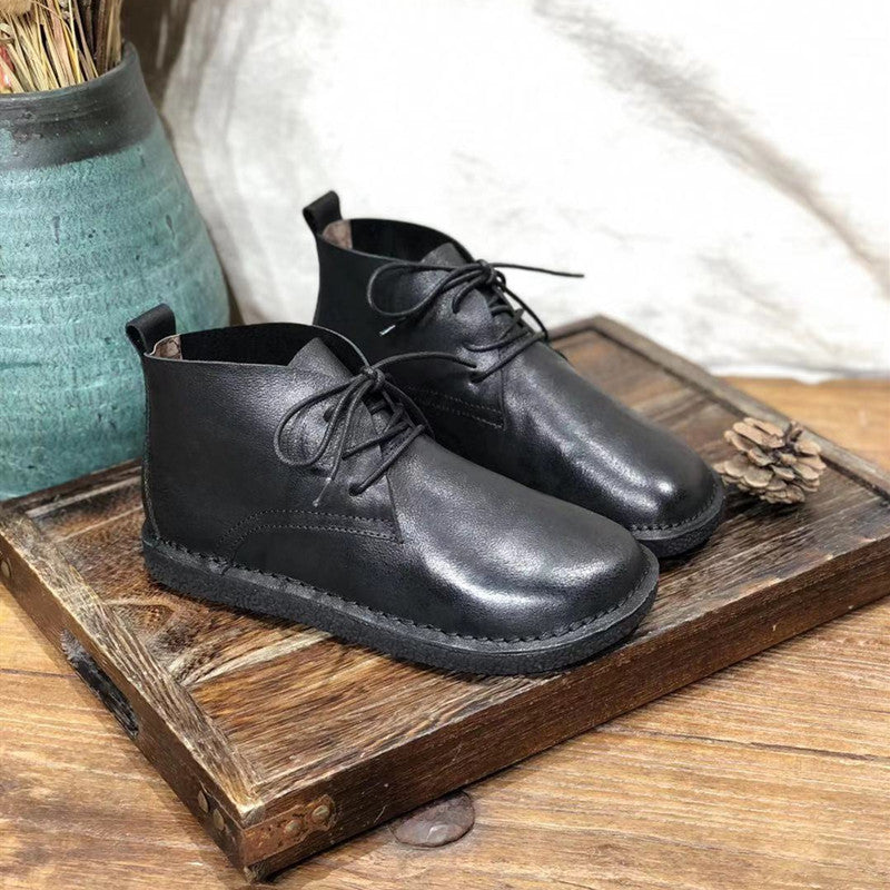 Handmade Leather Retro Flat-bottomed Versatile Cowhide Lace-up Boots