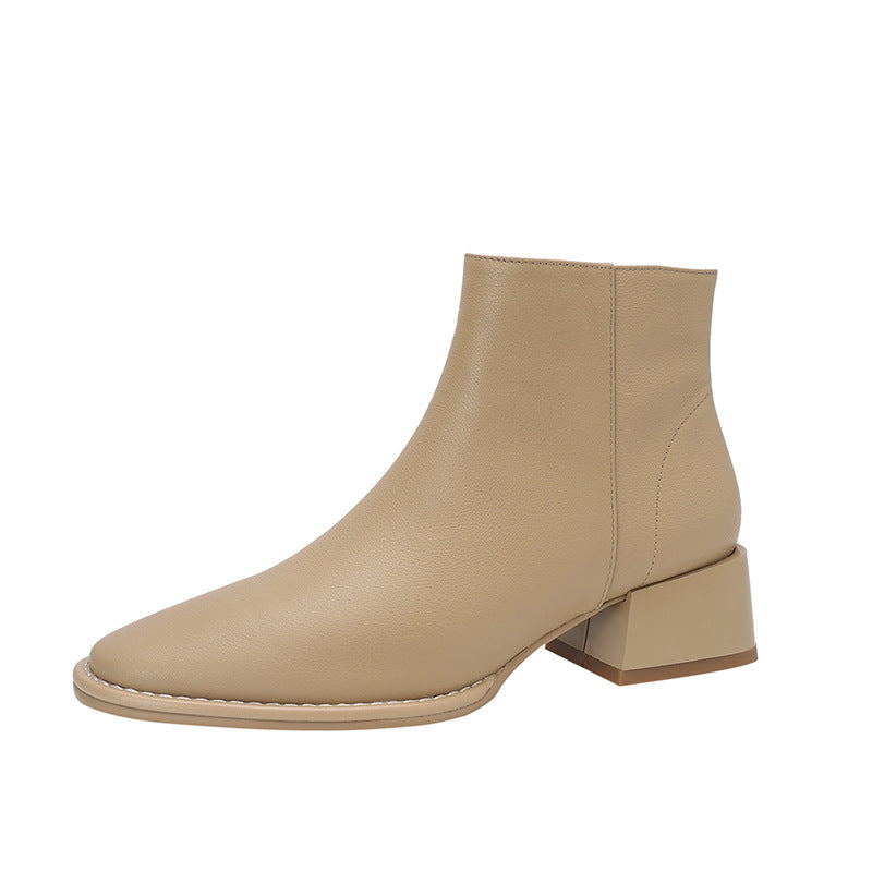 Botas sencillas de piel vacuno suave que combinan con todo, botines de mujer marrones con punta redonda y tacón medio grueso, otoño e invierno