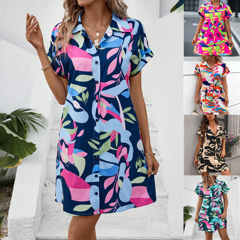 Nuevo Vestido camisero de manga corta con estampado Floral, marca de moda de verano, vestidos holgados de corte a para mujer, ropa