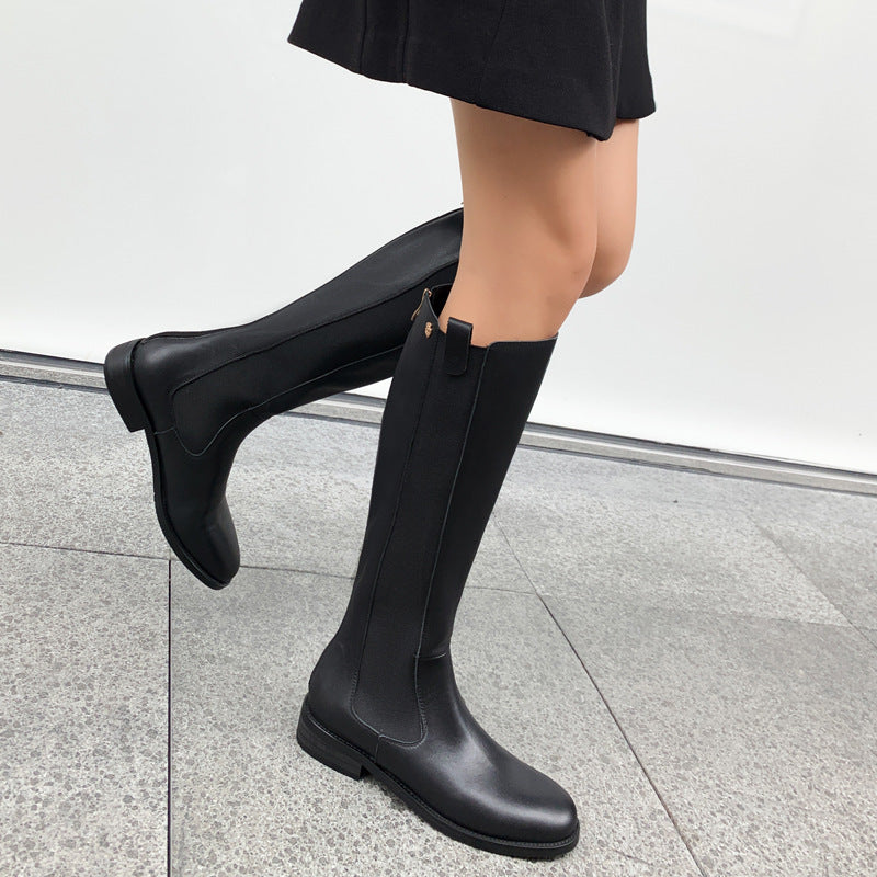 Cowhide Low-heeled Knight Boots Women Thick Legs Double Elastic