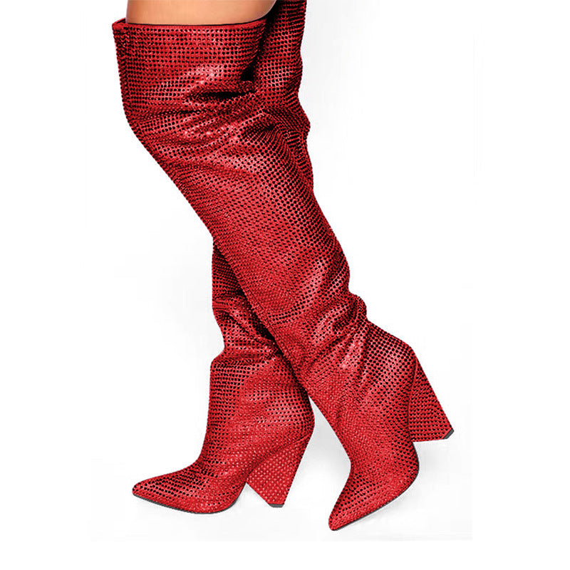 Pointed Tapered Heel Wedge Starry Rhinestone Plus Size Below The Knee Boots