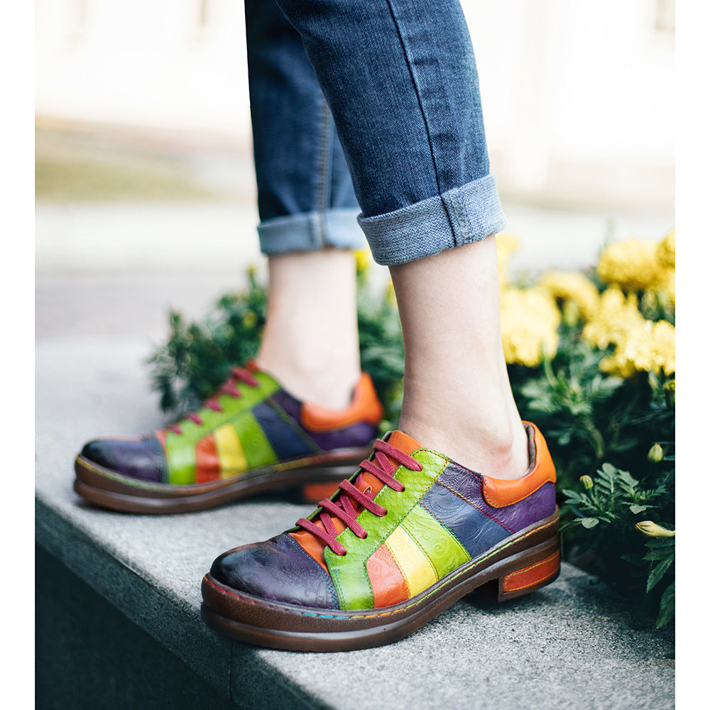 Hand-rubbed Color Stitching Spring Leather Women's Shoes