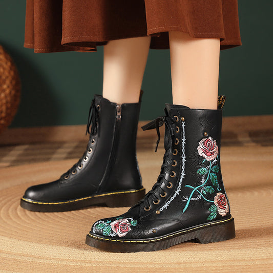 Women's Round Toe Mid Heel Martin Side Zipper Muffin Bottom Booties Embroidery Ethnic Style Women's Shoes