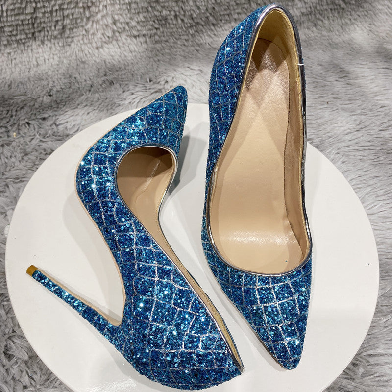 Zapatos de boda de tacón alto con lentejuelas azules todos los días