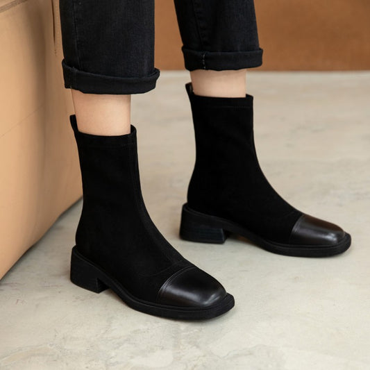 Mid Tube Round Toe Nubuck Leather Square Fashion Boots