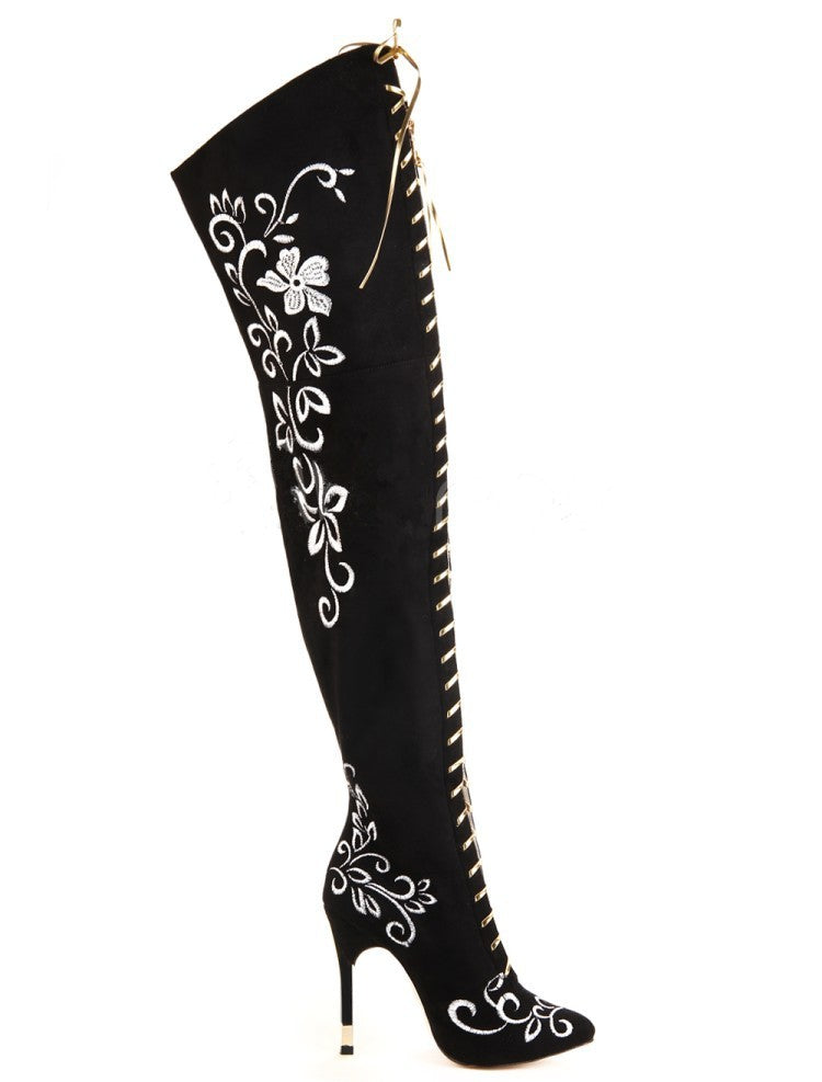 Elegant Embroidered Boots Over The Knee Stylish Zip Stiletto Heel