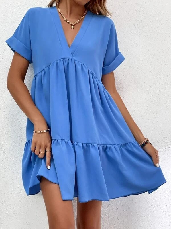 Robe d'été décontractée à manches courtes, col en v, à volants, couleur unie, robe de plage, vacances, vêtements pour femmes, nouvelle collection