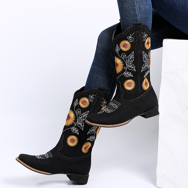 Botas vaqueras para mujer, zapatos con bordado de girasoles, botas vaqueras de tacón bajo