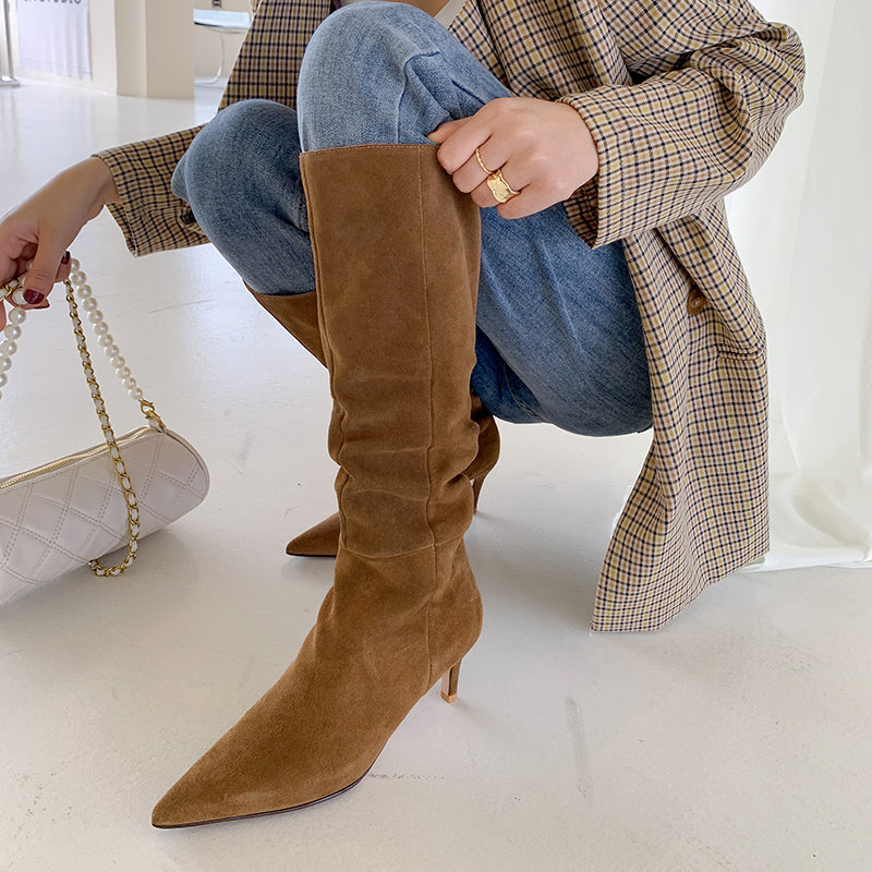 French Suede Boots Women's Brown Stiletto Heel