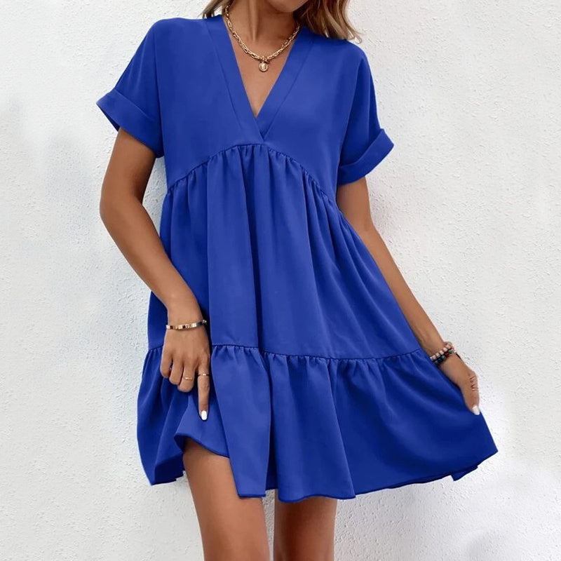 New Short-sleeved V-neck Dress Summer Casual Sweet Ruffled Dresses Solid Color Holiday Beach Dress For Womens Clothing