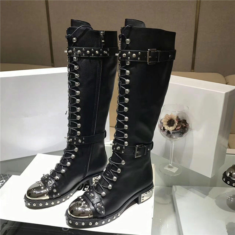 Botas casuales con punta de hierro y remaches Botas de mujer con estampado de cordones