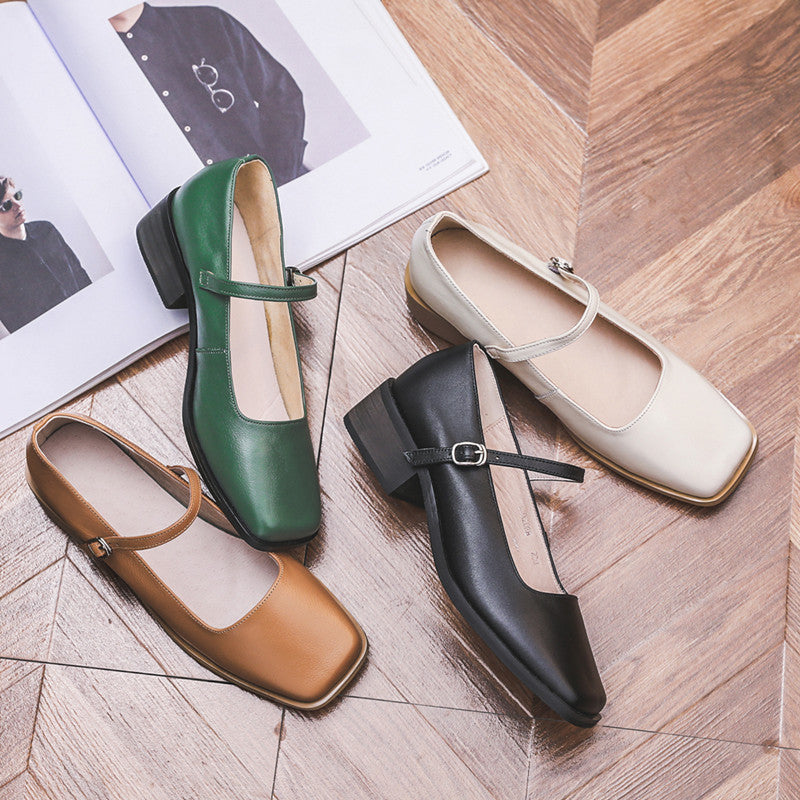 Chaussures vintage à bout carré en cuir Mary Jane pour femmes