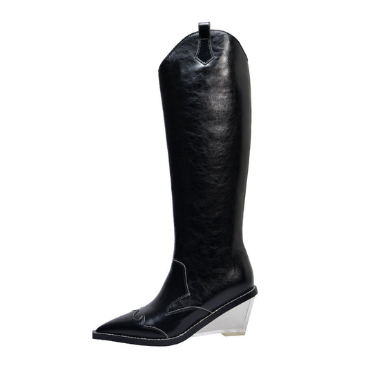 Knight Boots Female Pointed Crystal Wedges Knee-length High Martin Boots Western Cowboy Boots