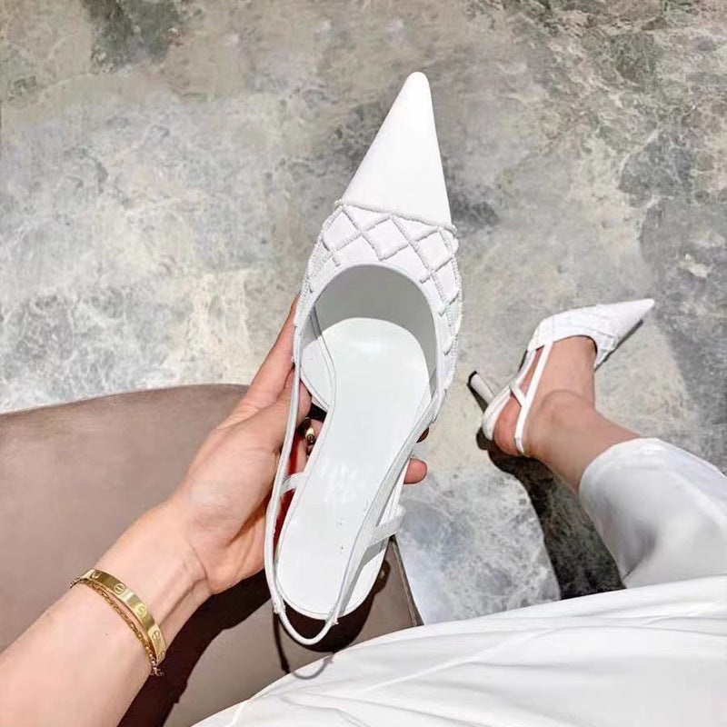 Sandalias Baotou de estilo francés con perlas y tacón fino de seda puntiaguda para mujer