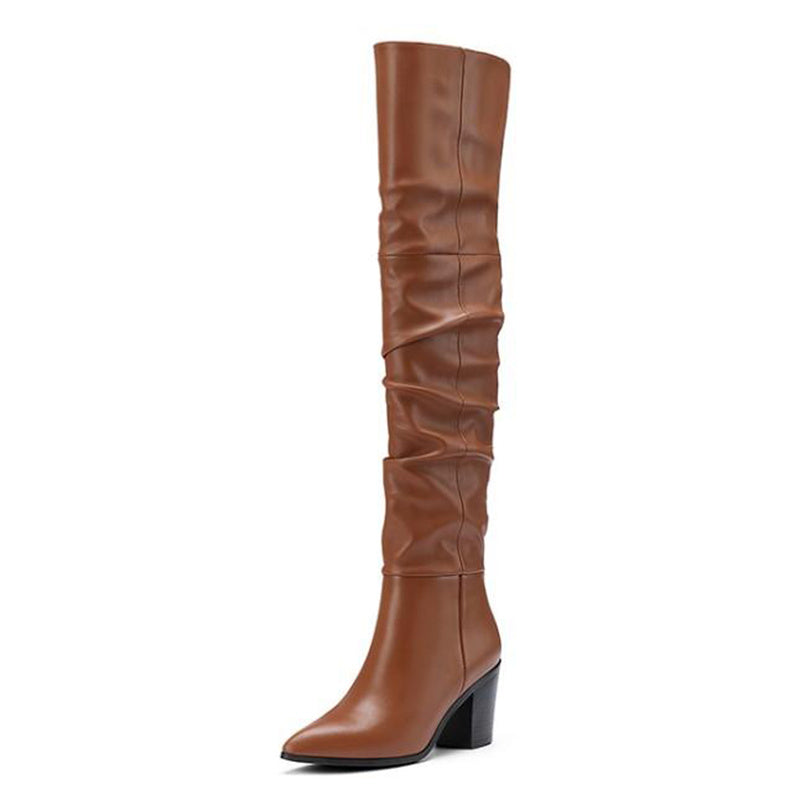 Women's Pointed Toe Thick Heel Leather Over The Knee Boots