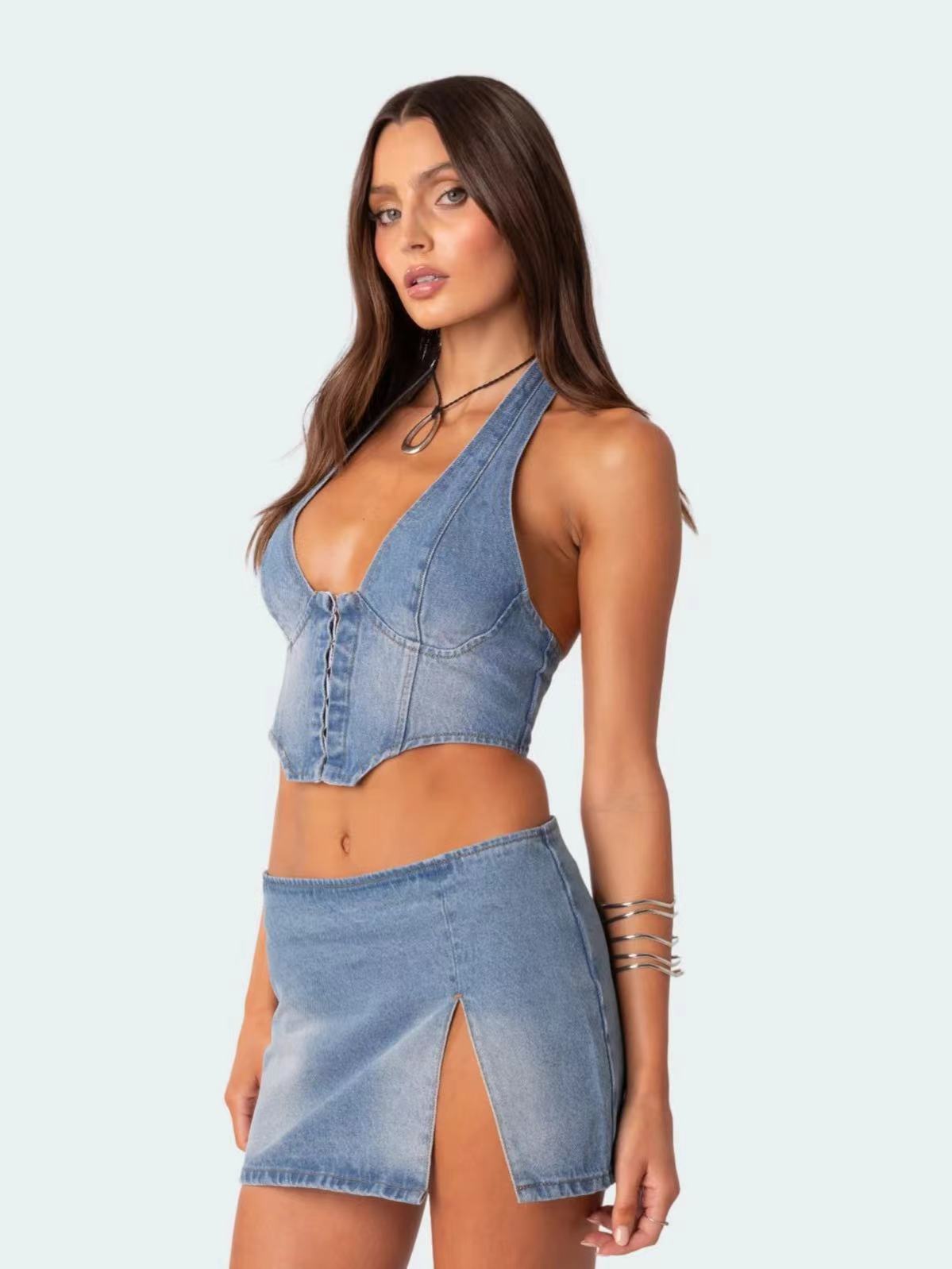 Lace Up Denim Tight Fitting Corset