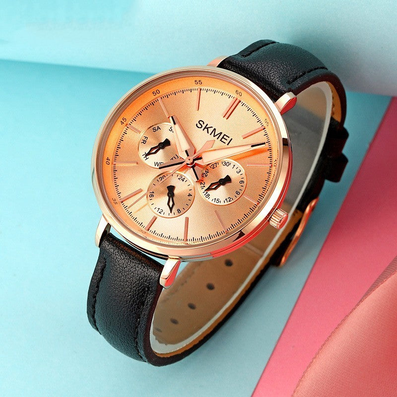 Reloj de cuarzo redondo retro para mujer de cuero genuino de seis pines a la moda