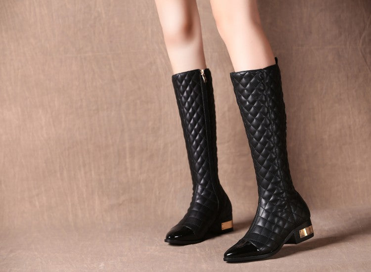 Belles bottes montantes en cuir de vache à carreaux pour femmes, Style britannique