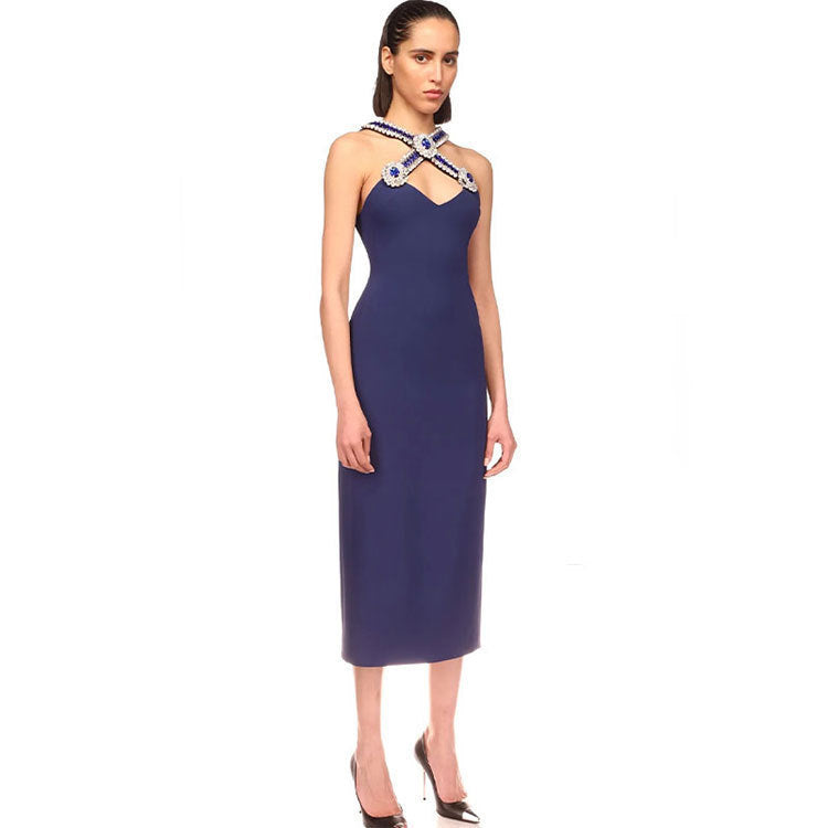 New Diamond V Neck Split Sleeveless Sexy Dress