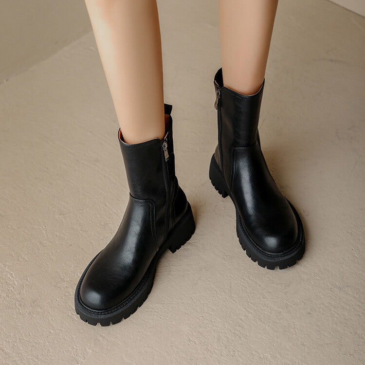 Round Toe Thick Sole Side Zipper Short Boots