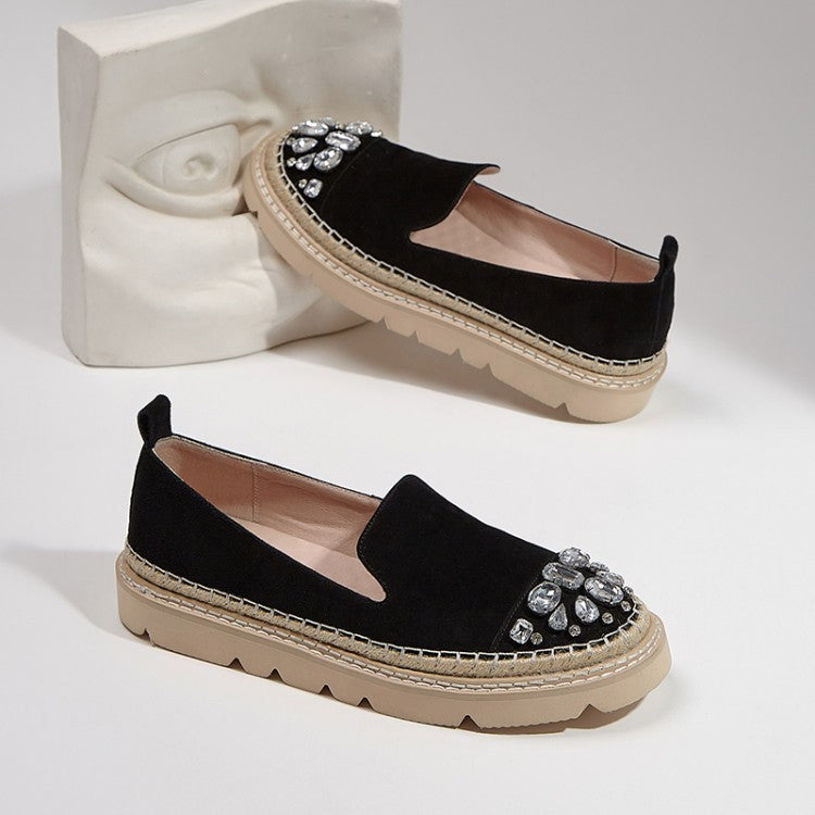 Fashionable Rhinestone Round Toe Comfortable Platform Loafers