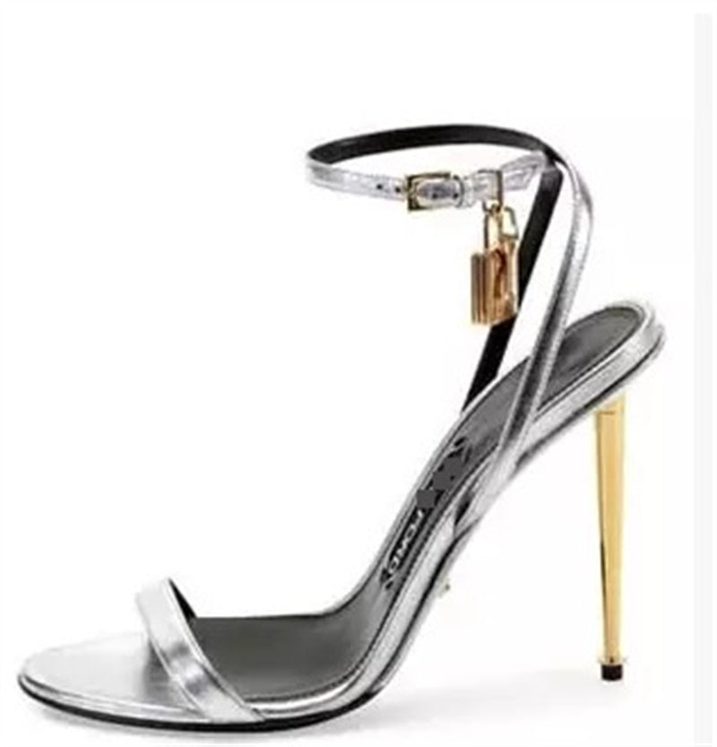 Women's Solid Color Mirrored Padlock One-line Buckle High-heeled Sandals