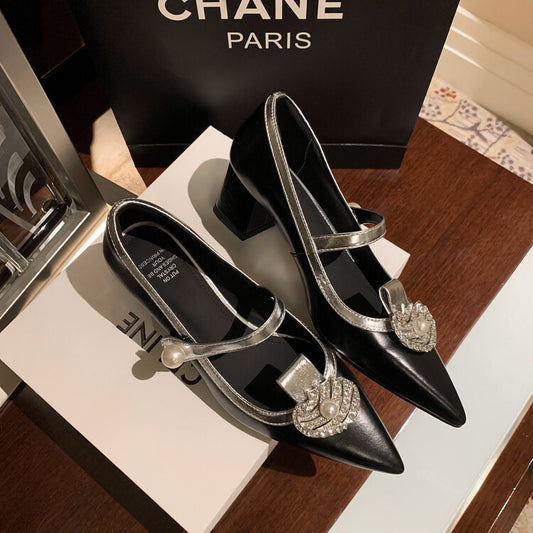 Chaussures à talons hauts avec boucle en cuir pour femmes, escarpins de luxe à bout pointu, bouche peu profonde, strass, talons épais