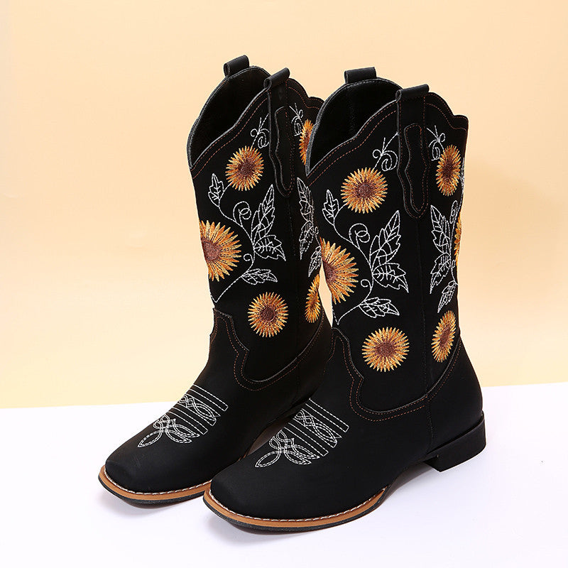 Botas vaqueras para mujer, zapatos con bordado de girasoles, botas vaqueras de tacón bajo