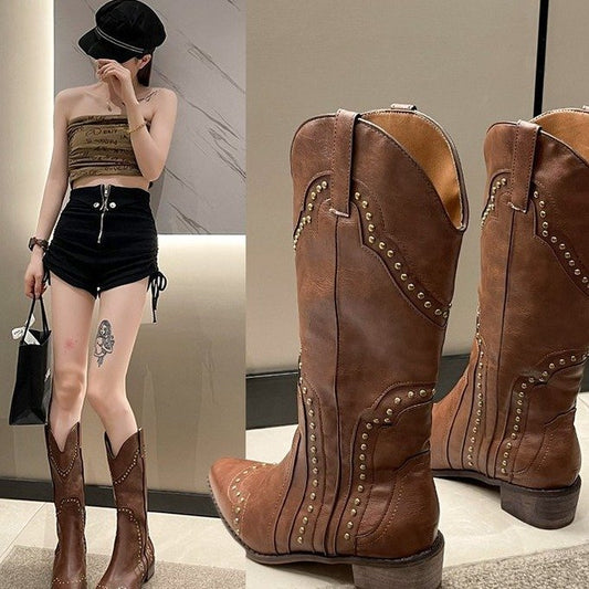 Bota vaquera occidental con remaches retro, caña alta y combinable para mujer